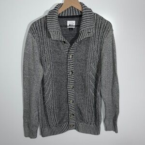 Citizen Wolf Chunky Knit Cardigan Elbow Patches Button Down Gray Size Large